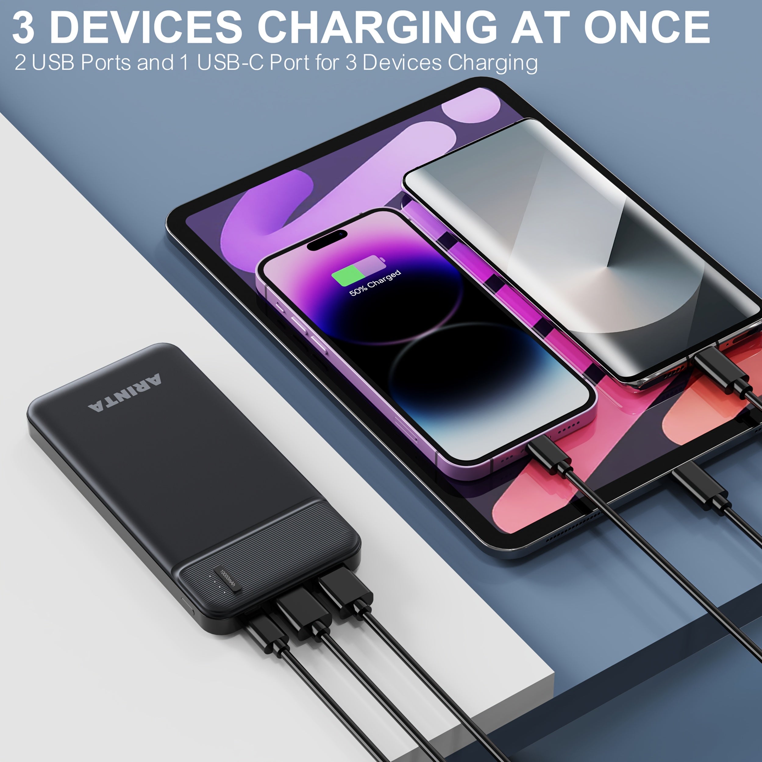 3-Pack Power Bank Portable Charger 10000mAh, Battery Pack PD 22.5W with Dual USB & USB-C Input/Output, Slim & Lighweight for Phones, Tablets, And More.(3 Packs)