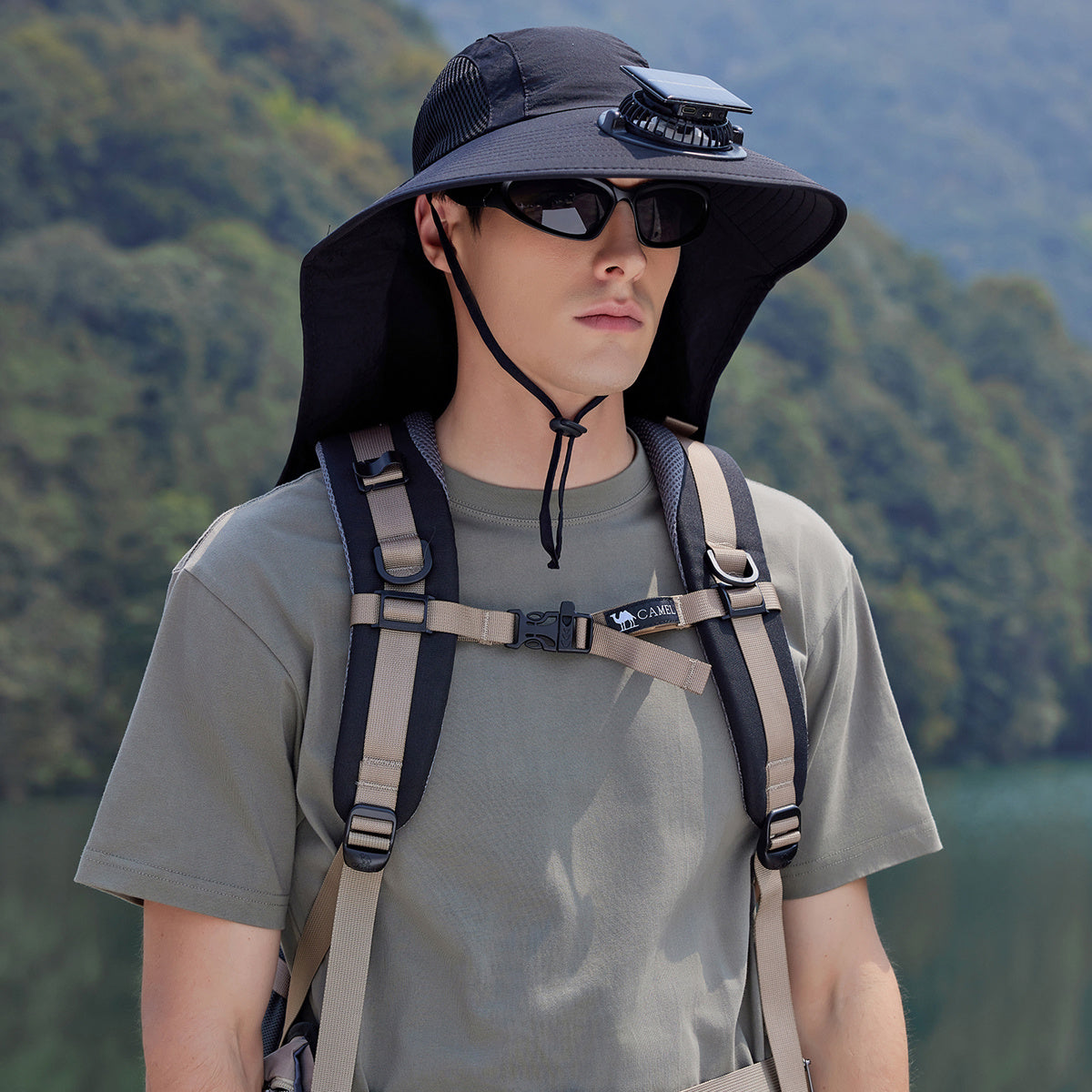 Men's Sun Hat with Solar Fan, Wide Brim Outdoor Boonie Hat, Lightweight African Safari Hat