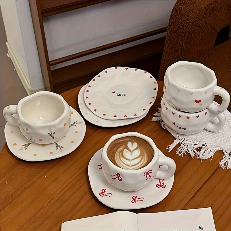 Single Set 300ml / 10.15oz Retro Flower Ceramic Cup & Saucer, Tulip Heart Bow Strawberry Irregular Coffee Cup & Saucer, Hand-Pinched High-Appeal Afternoon Tea Mug