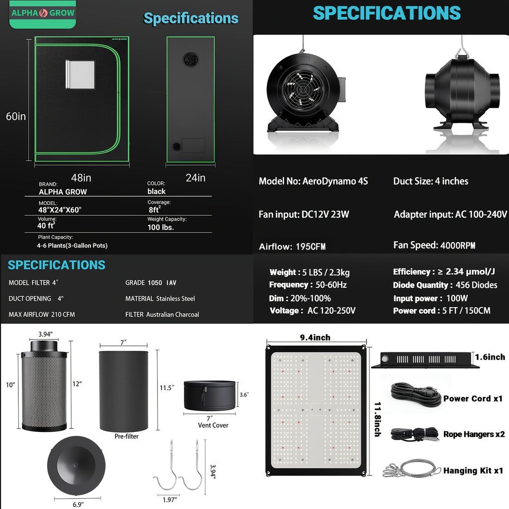Pro 4x2/4x4/2x2 1800D Grow Tent Kit, 48"x24"x60", Complete Hydroponic System Kit for Indoor Plants, 100W Full Spectrum LED Grow Light, 240CFM 6" Inline Fan & Independent Carbon Filter Air Circulation, High-Reflective Mylar Setup