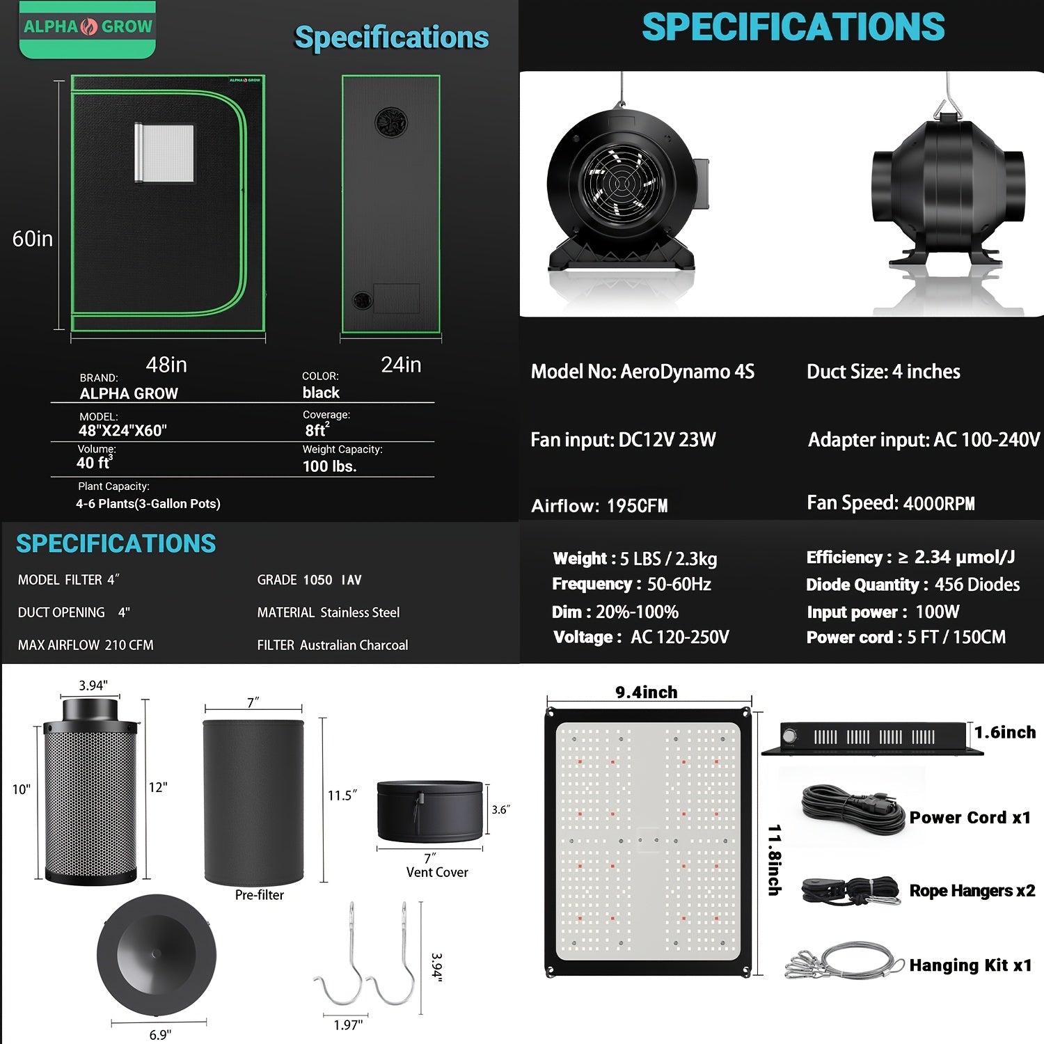 Pro 4x2/4x4/2x2 1800D Grow Tent Kit, 48"x24"x60", Complete Hydroponic System Kit for Indoor Plants, 100W Full Spectrum LED Grow Light, 240CFM 6" Inline Fan & Independent Carbon Filter Air Circulation, High-Reflective Mylar Setup