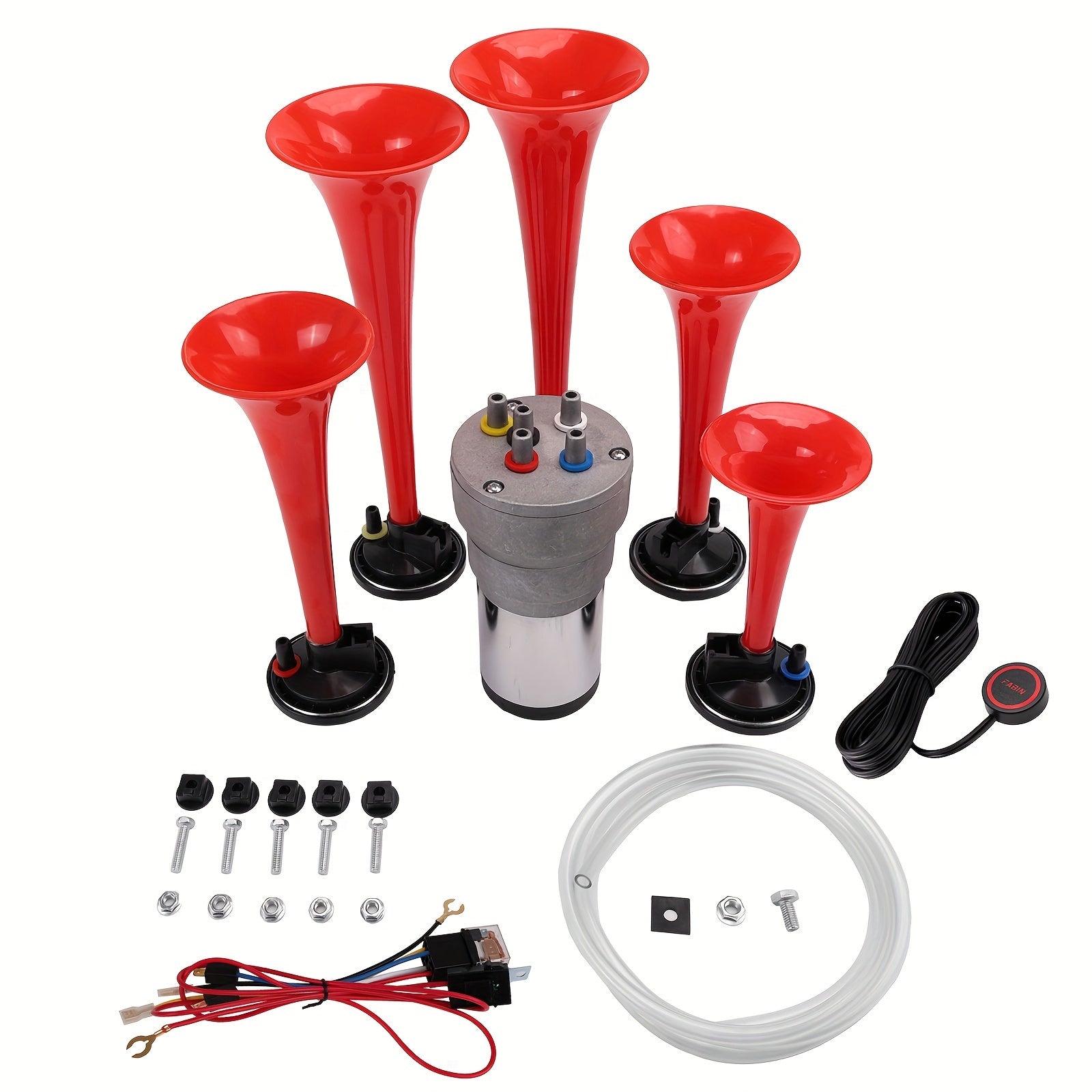 ALLREY Musical Horn Plays Dixie LACUKARACHA Tune 5 Trumpet Musical Air Horn with Compressor Plays 6 Trumpet Godfather Tune Red 12V Fits Train Truck Car Boat RV UTV Motorcycle