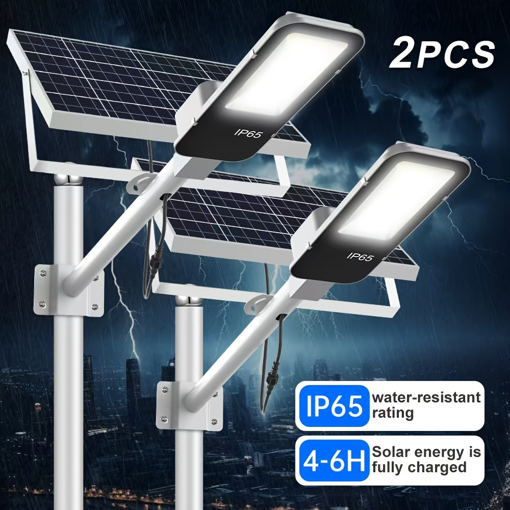 2 Pack Powerful Solar Street Light, IP65 Outdoor Light, 6500K Security Floodlight, Dusk to Dawn, with Remote Control, 6000mAh Large Capacity, High Brightness 375 LEDs, Perfect for Streets, Pathways, Courtyards, Gardens, Garages, Parking Lots