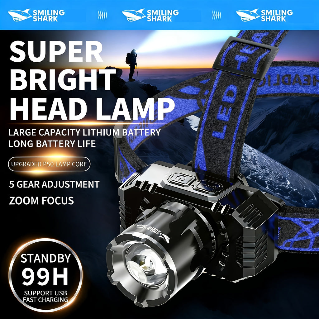 1Pc Rechargeable Headlamp, Head Mounted High Brightness Flashlight, Super Bright X50 LED Bead, Equipped with USB Charging Cable, Focus Adjustable, Detachable Headband Hands-Free, Multi-Mode Dimmable White Light Beam