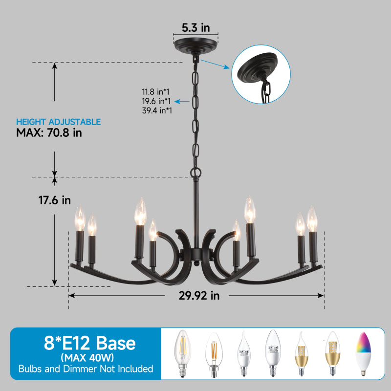 8-light farmhouse style chandelier, black metal branched chandelier, industrial style high ceiling living room dining room foyer lighting fixture, adjustable height - E12 base