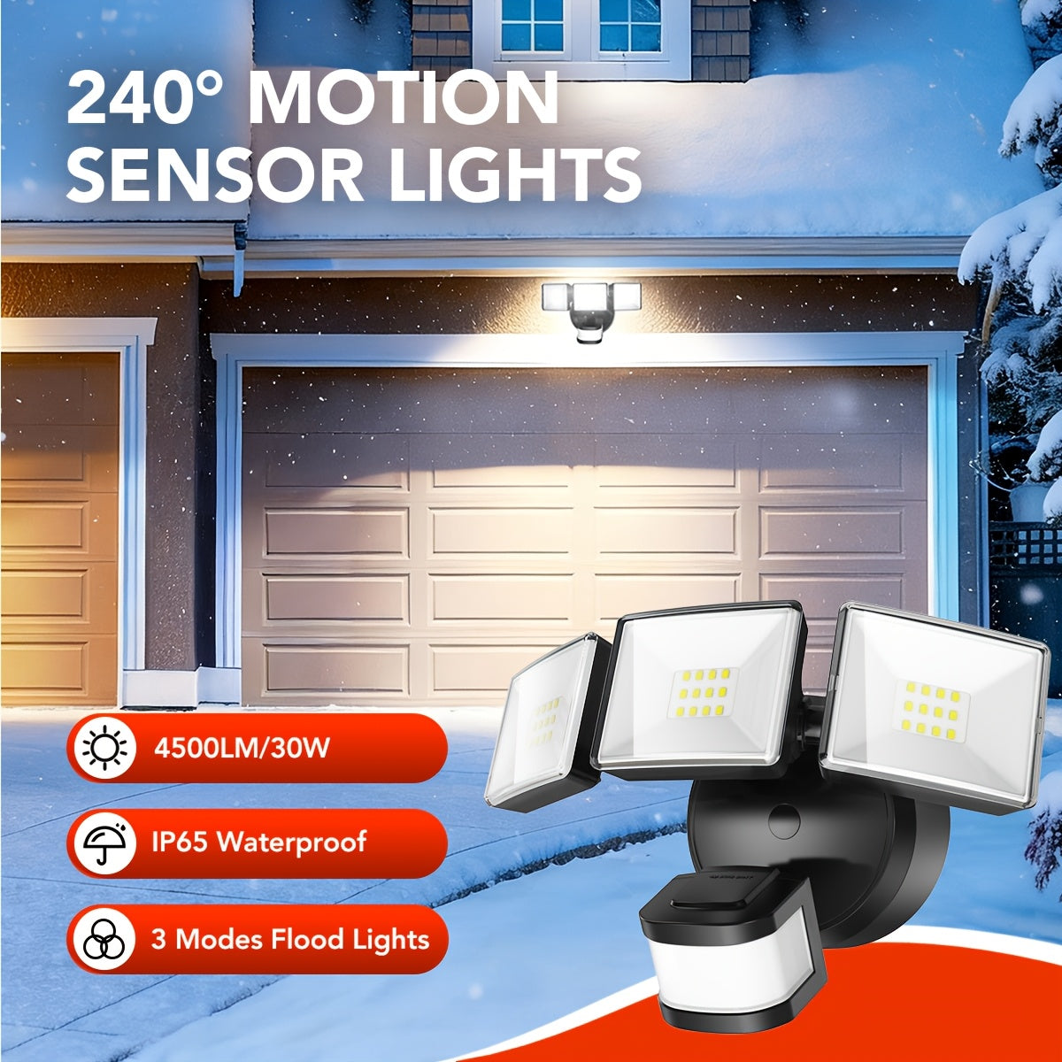 SYVIO Outdoor Flood Light, LED Security Light Coverage Area 4500 sq ft, 4500 Lumens / 30 Watts, IP65 Rating, 240 Degree / 50 ft Detection Range, 3 Modes (Dusk to Dawn), Suitable for Patio Garden, Garage and Backyard FT Area Lighting
