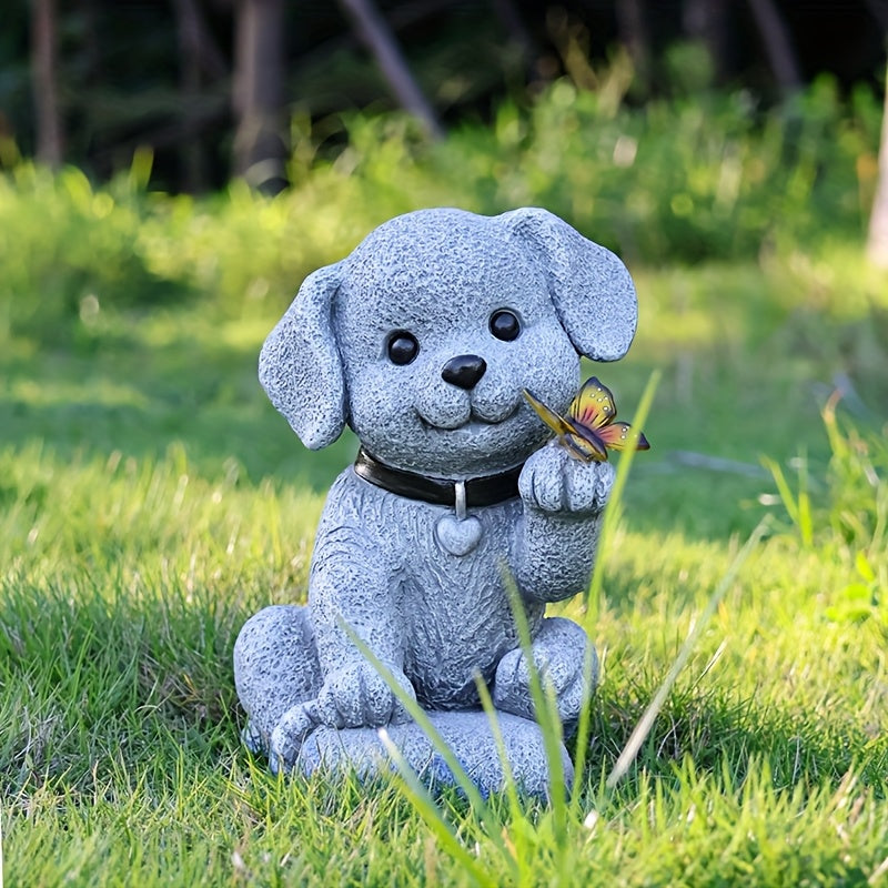 One Solar Puppy Holding Butterfly Garden Statue Light - Resin Outdoor Decoration, Perfect for Courtyard, Patio, Balcony or Porch, Solar Garden Decor
