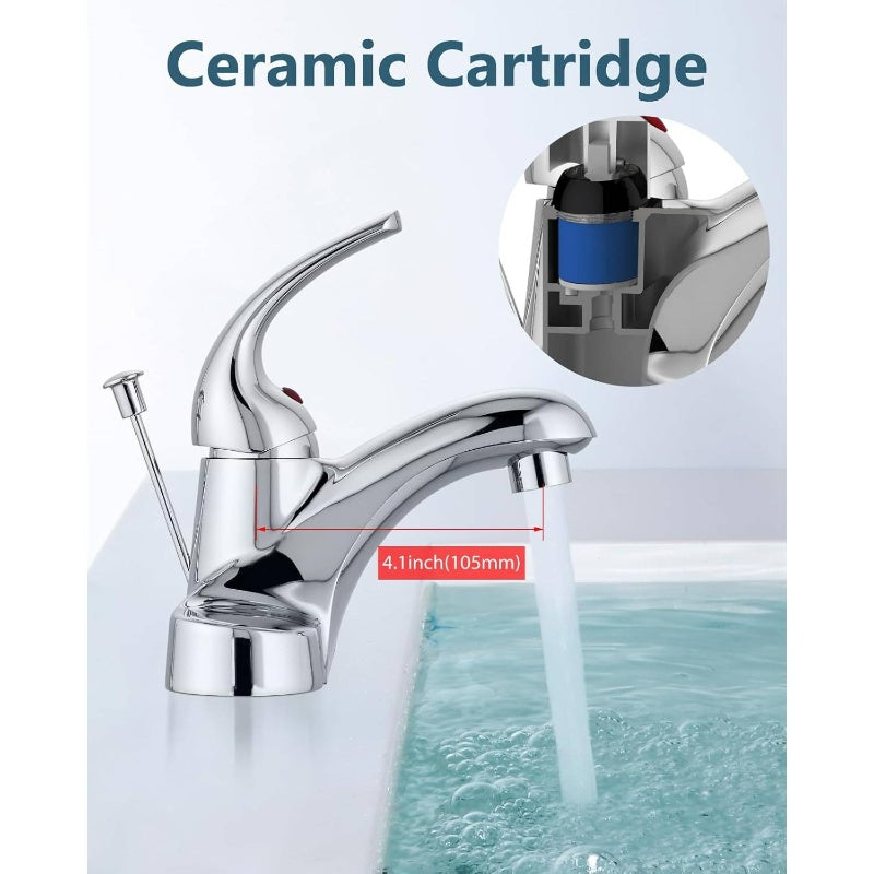 Bathroom Faucet 4" Centerset - Single Handle Lavatory Faucet with Supply Lines & Pop-Up Drain Assembly, Polished Chrome, Plumbing Supplies, Bathroom Accessories, Modern Bathroom, High-Quality Valve, Commercial Bathroom, Modern Homeowner