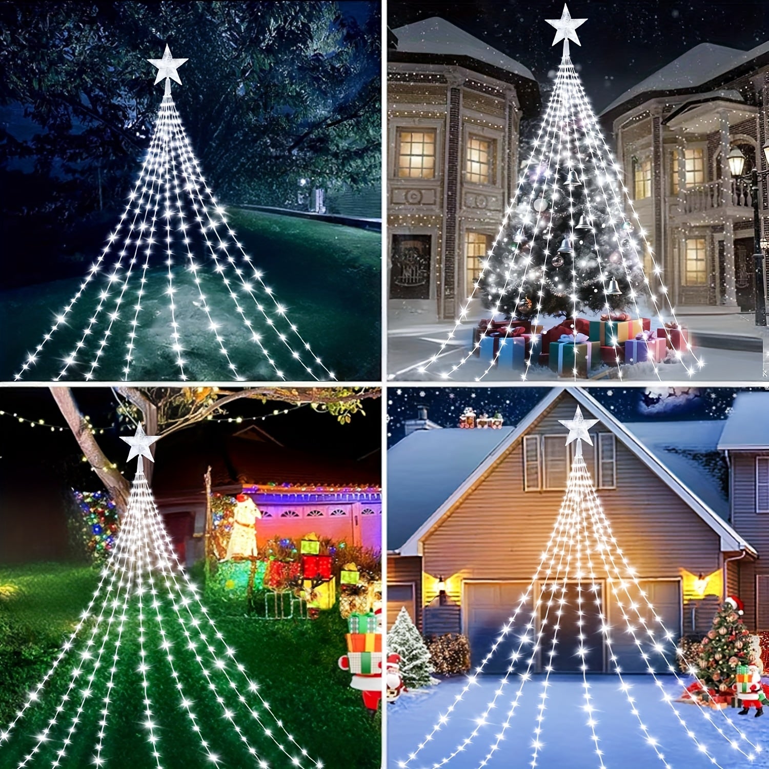 1个户外圣诞装饰星星灯串，192颗/282颗LED灯珠，USB供电8种模式，带五角星顶饰的瀑布树灯，适用于室内/室外圣诞节、万圣节、感恩节装饰，IP44防护等级