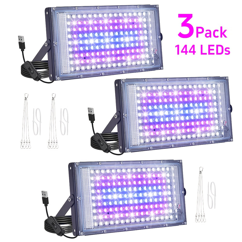 50/96/144 LED 1/2/3 Sets Grow Light, Full Spectrum LED Plant Light for Indoor Plants, Seed Germination & Seedlings, USB Powered with Switch, Hanging Rope Included, Ideal for Vegetables, Succulents, Flowers, Fruits