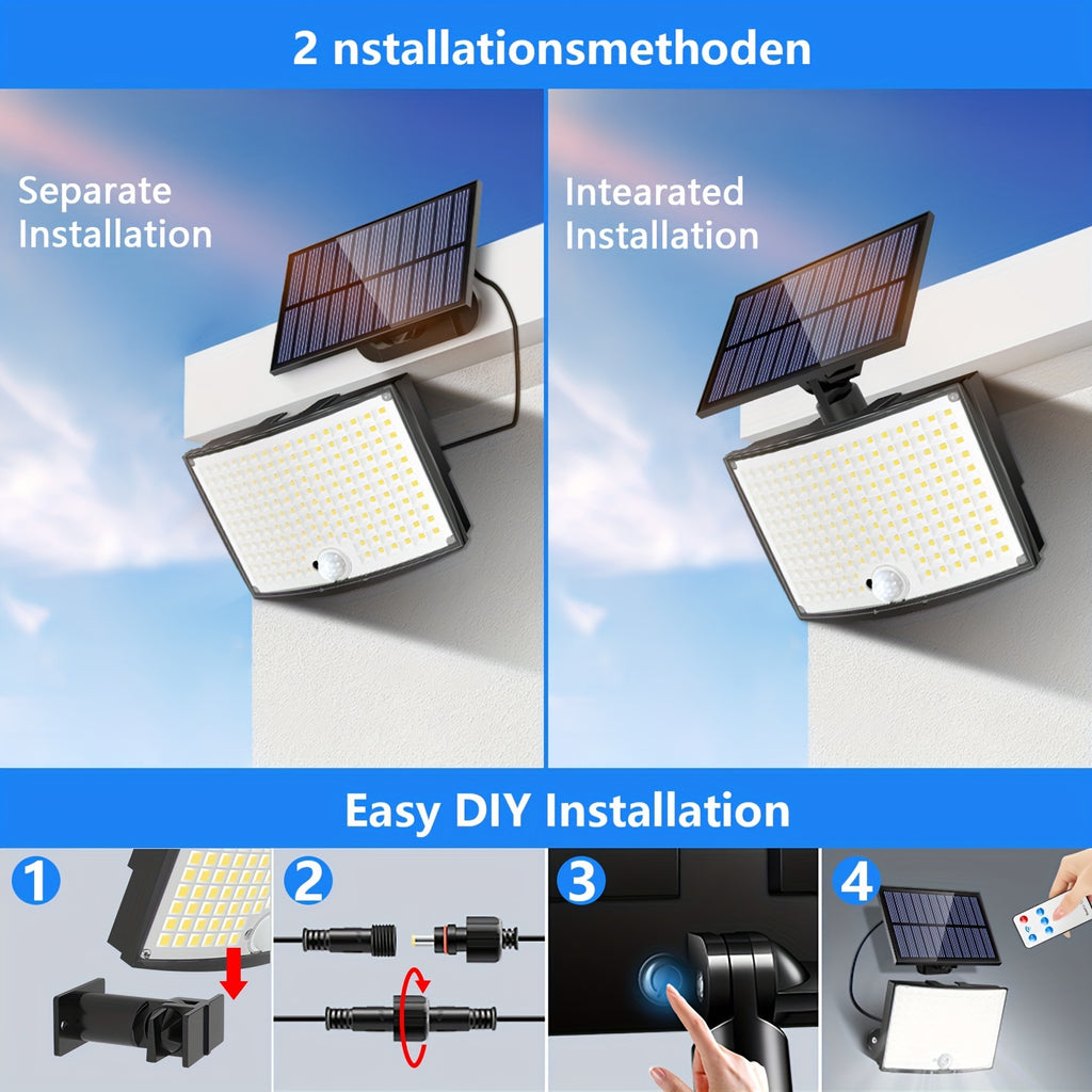 1/2 Pack Solar Outdoor Light, High Brightness Sensor Light with 168 LEDs, Garden Light with Remote Control, Street Light with 3 Lighting Modes, IP65, Security LED Floodlight with 16.5FT Cable, Suitable for Outdoor and Indoor Wall Light