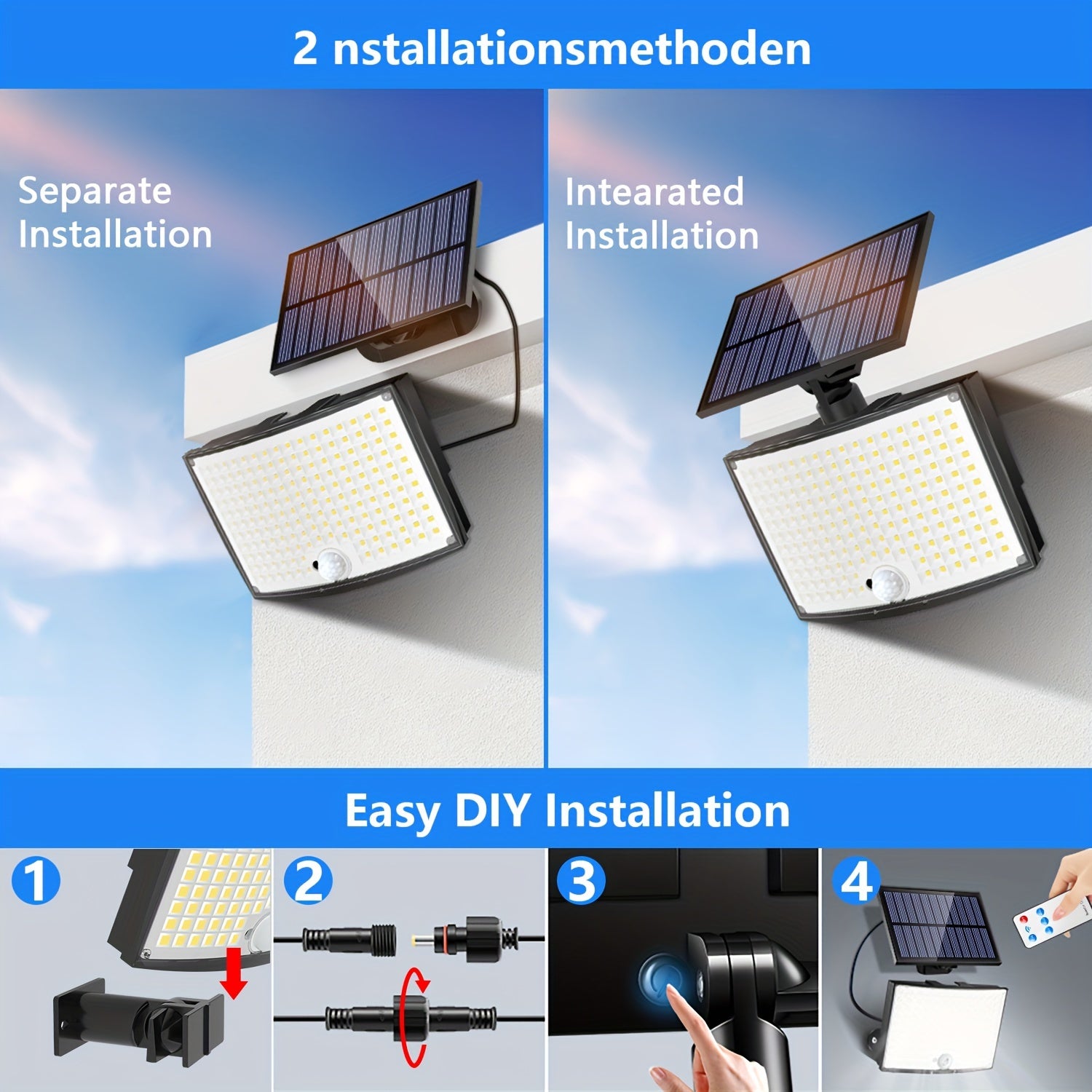 1/2 Pack Solar Outdoor Light, High Brightness Sensor Light with 168 LEDs, Garden Light with Remote Control, Street Light with 3 Lighting Modes, IP65, Security LED Floodlight with 16.5FT Cable, Suitable for Outdoor and Indoor Wall Light