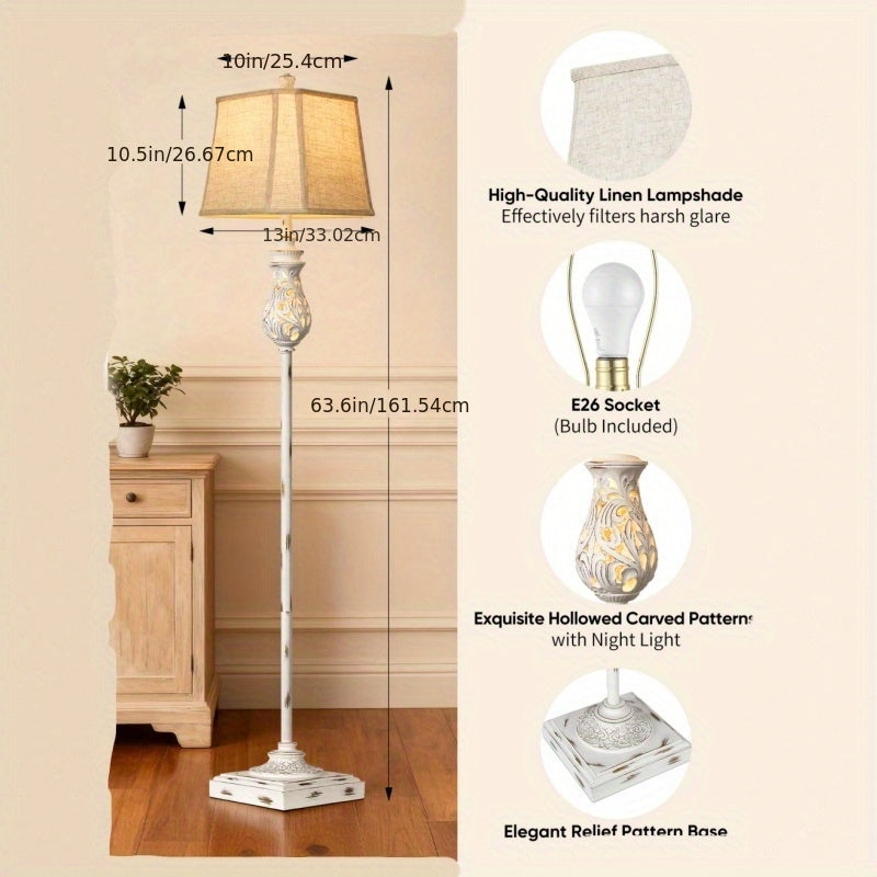 64-inch vintage floor lamp with night light function, three-level dimming rustic style tall standing lamp, with rotary switch and beige linen lampshade, suitable for living room, corner, bedroom and home decoration, white (bulb included)