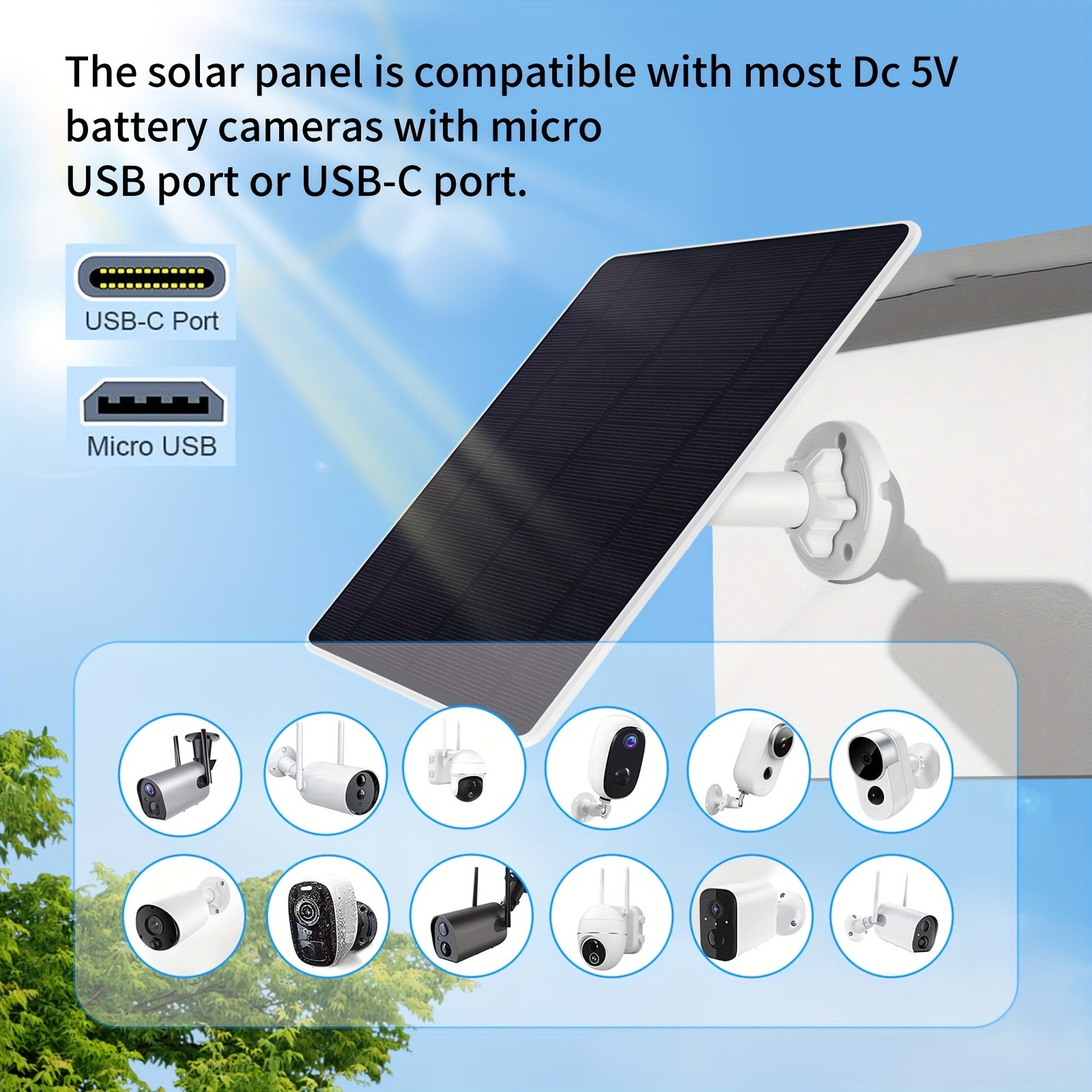 適用於戶外的輕巧型太陽能板，非常適合低能量相機，具備 Type-C 和 USB 連接，具有 IP65 防水等級，全方位 360 度可調，易於安裝，並無需電源插座