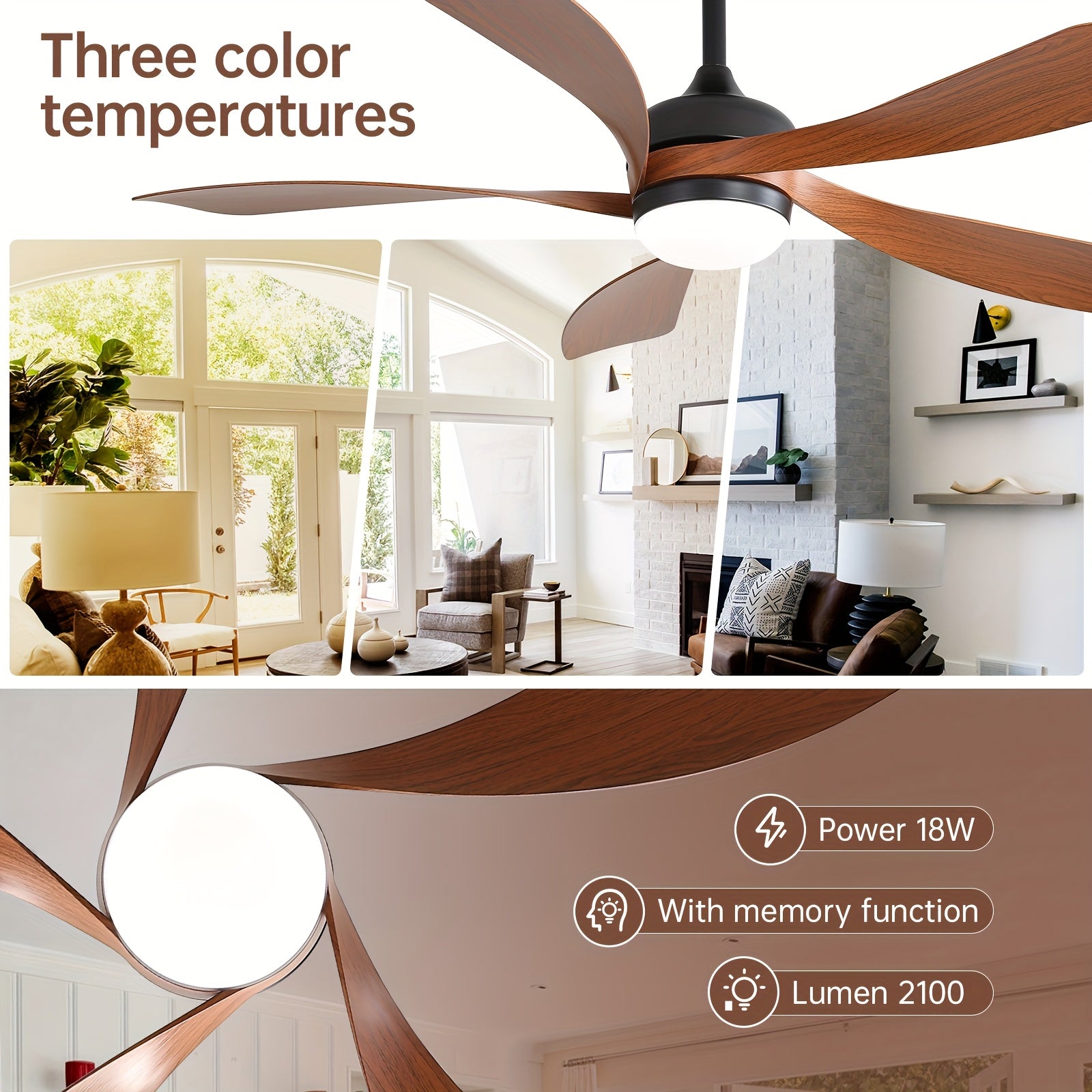 Sofucor 52 Inch Modern Ceiling Fan with Light, 3 Color Dimmable LED, 5 ABS Blades, Remote Control, Reversible DC Motor, Ideal for Room and Bedroom Decoration, Ceiling Fan with Light