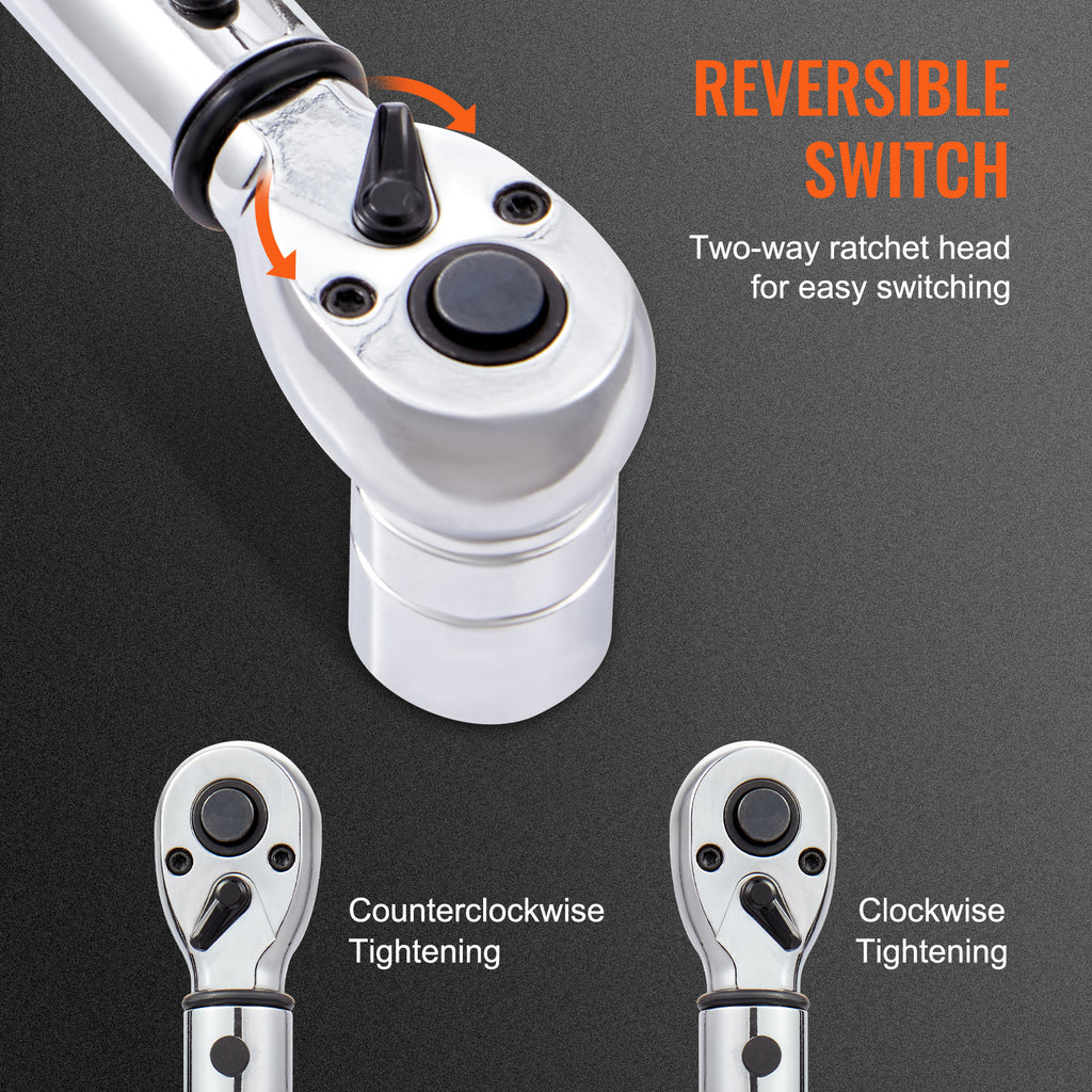 VEVOR Torque Wrench, 1/4“ / 3/8” / 1/2“ Drive Click Torque Wrench 10-80 ft-lbs / 20-200 in-lbs / 25-250 ft-lbs 3-23 Nm / 34-340 Nm / 14-110 Nm, Dual-Direction Adjustable Torque Wrench Set