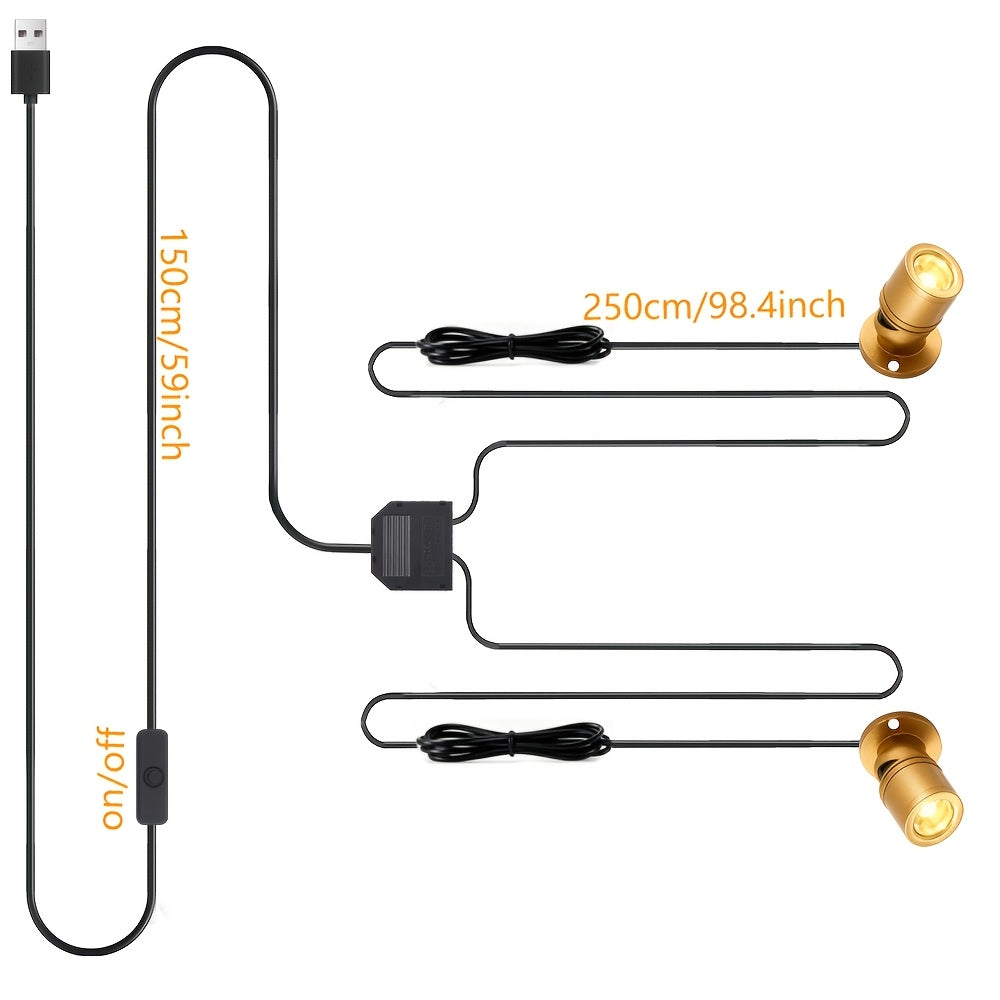 LED mini spotlight display light, USB-powered mini spotlight, equipped with 2/4/6 heads, 3000K warm white spot lighting, suitable for jewelry cases and model display stands, black USB cable with optional black/gold/silver lamp heads