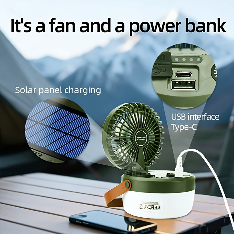 3000mAh Solar Camping Fan, Outdoor Fan with Solar Panel, Portable LED Light Fan, Handheld & Hanging Mini Fan, USB Rechargeable Quiet Fan with Emergency Power Bank, Ideal for Camping Picnic Barbecue Fishing, Supports Phone Charging