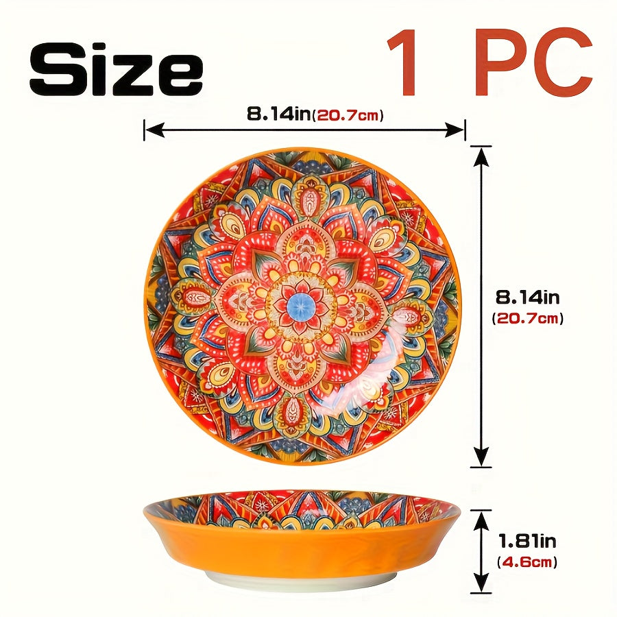 1-Piece Bohemian Floral Theme Ceramic Dinner Plate – 8-Inch Round Decorative All-Season Tableware, Perfect for Steak, Pasta, Breakfast – Microwave Safe Ceramic Dishware – Great for Christmas Gifts, Restaurant & Home Use