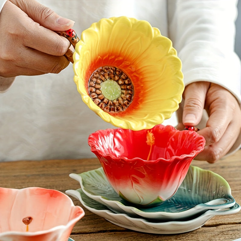 Elegant 3-Piece Ceramic Tea Set (Includes Tea Spoon, Cup & Saucer) – Vibrant Floral Pattern, Perfect for Home & Restaurant Use