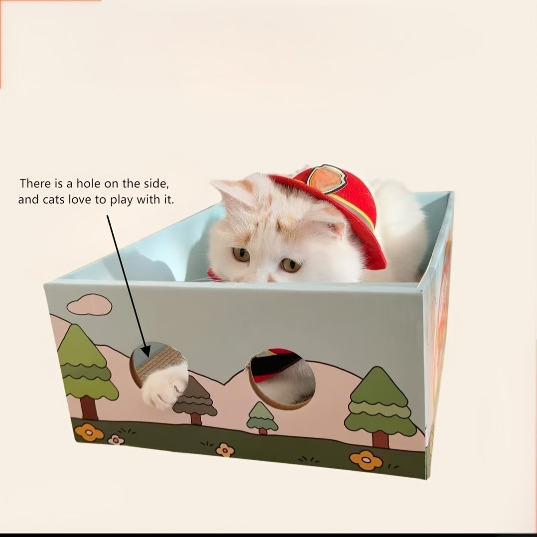 三合一猫抓板与猫屋床玩具——救援车纸板猫爬架，适用于室内猫咪，耐用不掉毛抓挠休闲床，带休息/玩耍空间，纸板猫家具适用于幼猫，送给虎斑猫/普通猫的复活节礼物