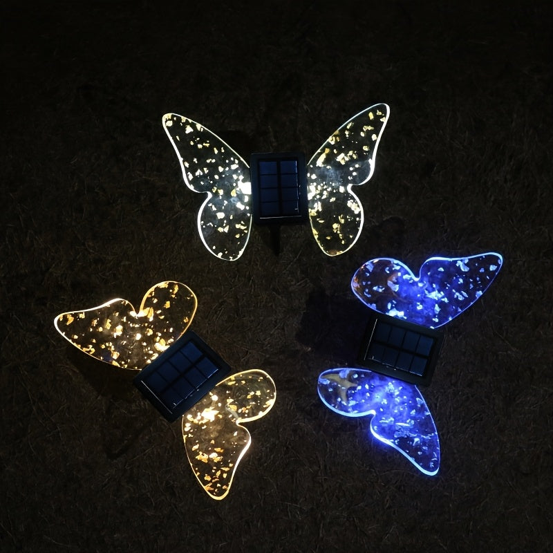 Solar Butterfly Light, Acrylic Wings with Gold Foil Decoration, Dual-Purpose Ground/Wall Light, Suitable for Courtyard, Villa, Garden and Path Ambient Lighting