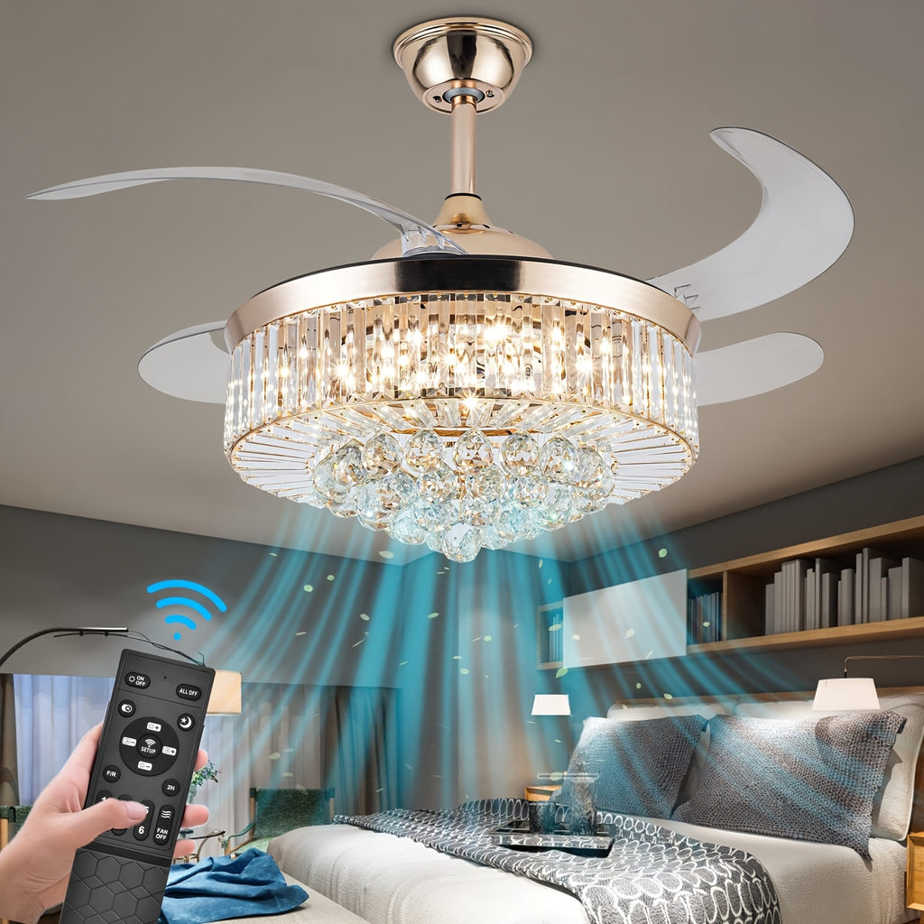 42 Inch Reversible Crystal Ceiling Fan with Light, Stepless Dimmable Modern Retractable Invisible Blades, 6 Speed Levels, Ceiling Fan Set for Living Room Bedroom (Gold)