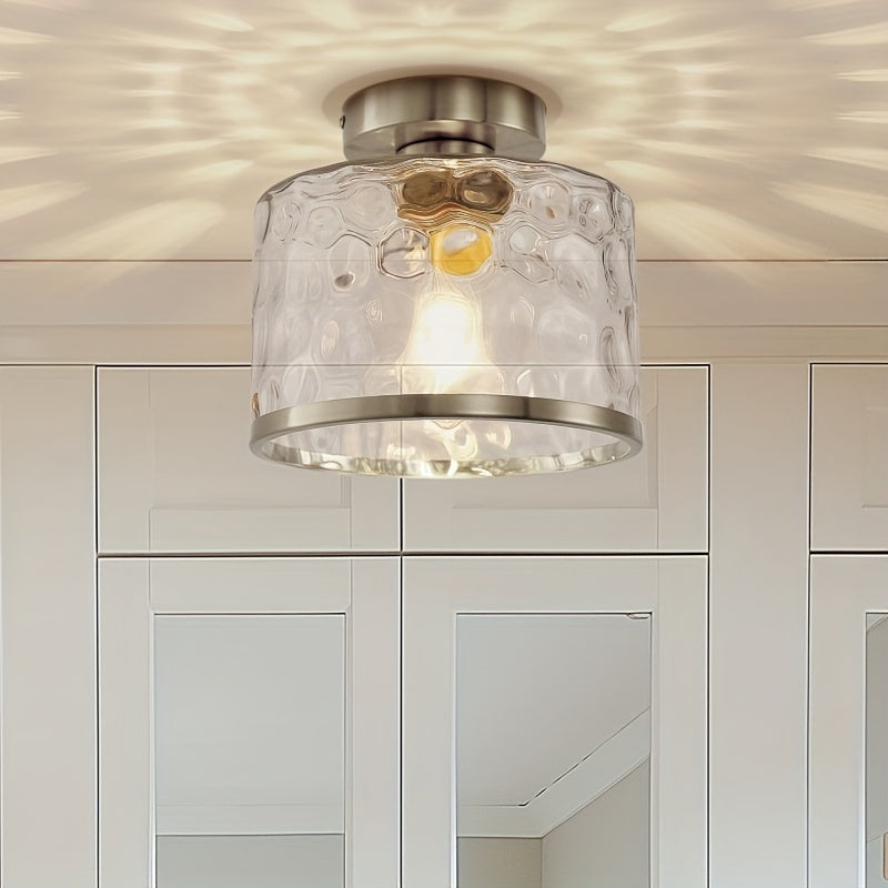 1-Light Modern Farmhouse Semi-Flush Mount Ceiling Light with Brushed Nickel Finish and Clear Water Ripple Glass Shade - Low-Profile Modern Fixture, Suitable for Bedroom, Hallway, Kitchen - Compatible with E26 Socket