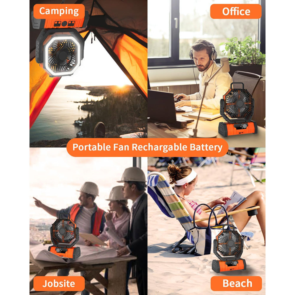 Camping Fan with LED Tent Light, Portable Outdoor Fan with Remote Control, 4 Speeds, 3 Light Modes, 20000mAh Rechargeable Battery, USB Charging, 360° Rotatable Hook for Tent Camping Travel