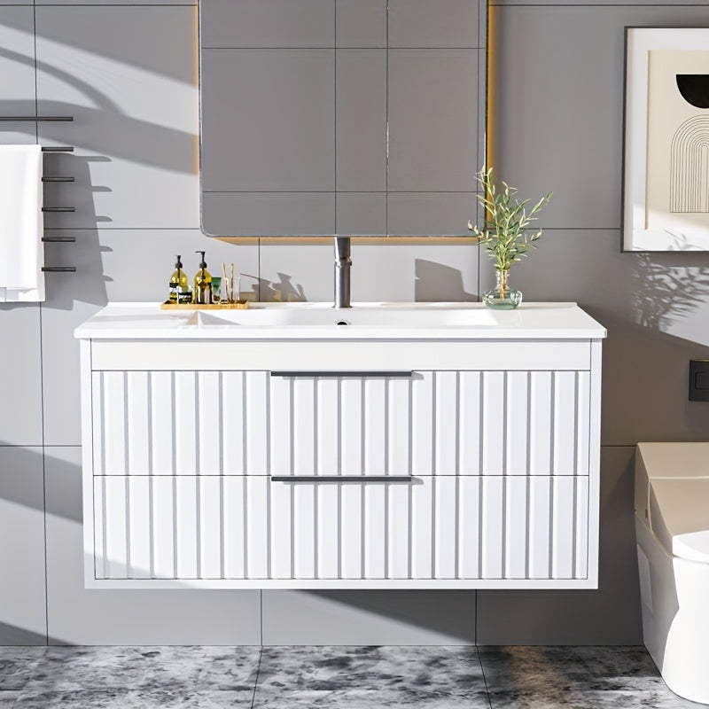 Bathroom Vanity with Sink - Wall Mount Floating Basin Cabinet, Soft-Close 2 Large Drawers, Modern Textured Stripe Design, Hidden Damping Drawers