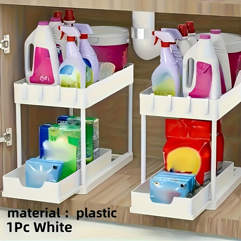 Multi-functional Pull-out Under Sink Organizer and Storage, Suitable for Bathroom & Kitchen, 2-Tier Sliding Cabinet Basket, Bathroom Cabinet Storage Box with Hooks, Storage Cup, Home Kitchen Accessories