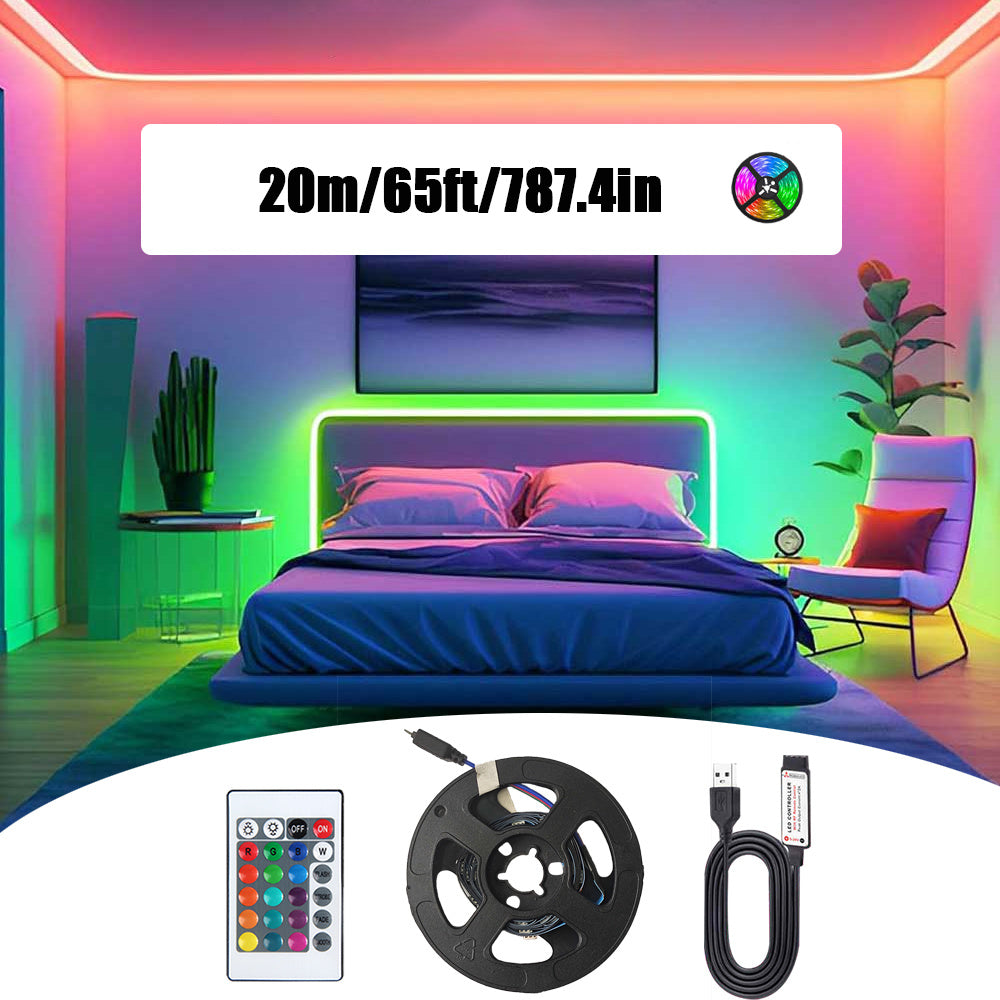 RGB 5050 LED灯带配24键控制器，变色发光LED灯串，39.37英寸至1574.8英寸LED灯带，适用于卧室、厨房、电视背景墙及节日装饰（圣诞节、万圣节、生日）