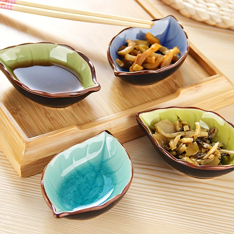 4-Piece Set Ceramic Leaf-Shaped Small Sauce Dish, Leaf Pattern Ice Crackle Glaze Dip Dish, Multi-Purpose Tableware, Perfect Choice for Home Kitchen & Restaurant Use