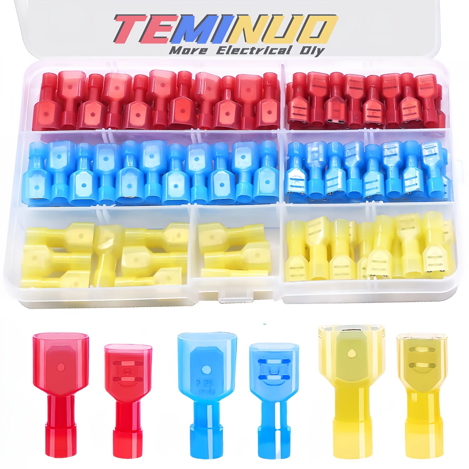 100/80/60pcs Nylon Spade Electrical Wire Connectors | 22-10 AWG Fully Insulated Terminals, Male & Female Crimp Connector Kit for Speaker Car Stereo Wiring, Industrial Quick Connect/Disconnect Wire Assortment, Red Blue Yellow Color