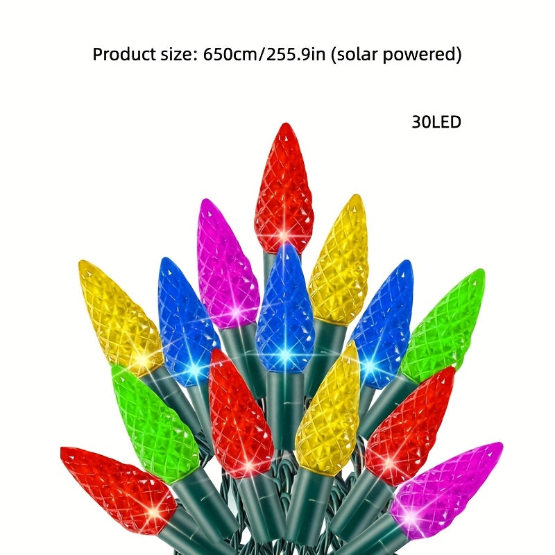 255.91英寸圣诞节太阳能C6草莓松果灯串，彩色LED装饰灯，适用于圣诞树、花园和庭院围栏，营造一个可爱而温暖的氛围，适合家庭派对。推荐作为圣诞礼物