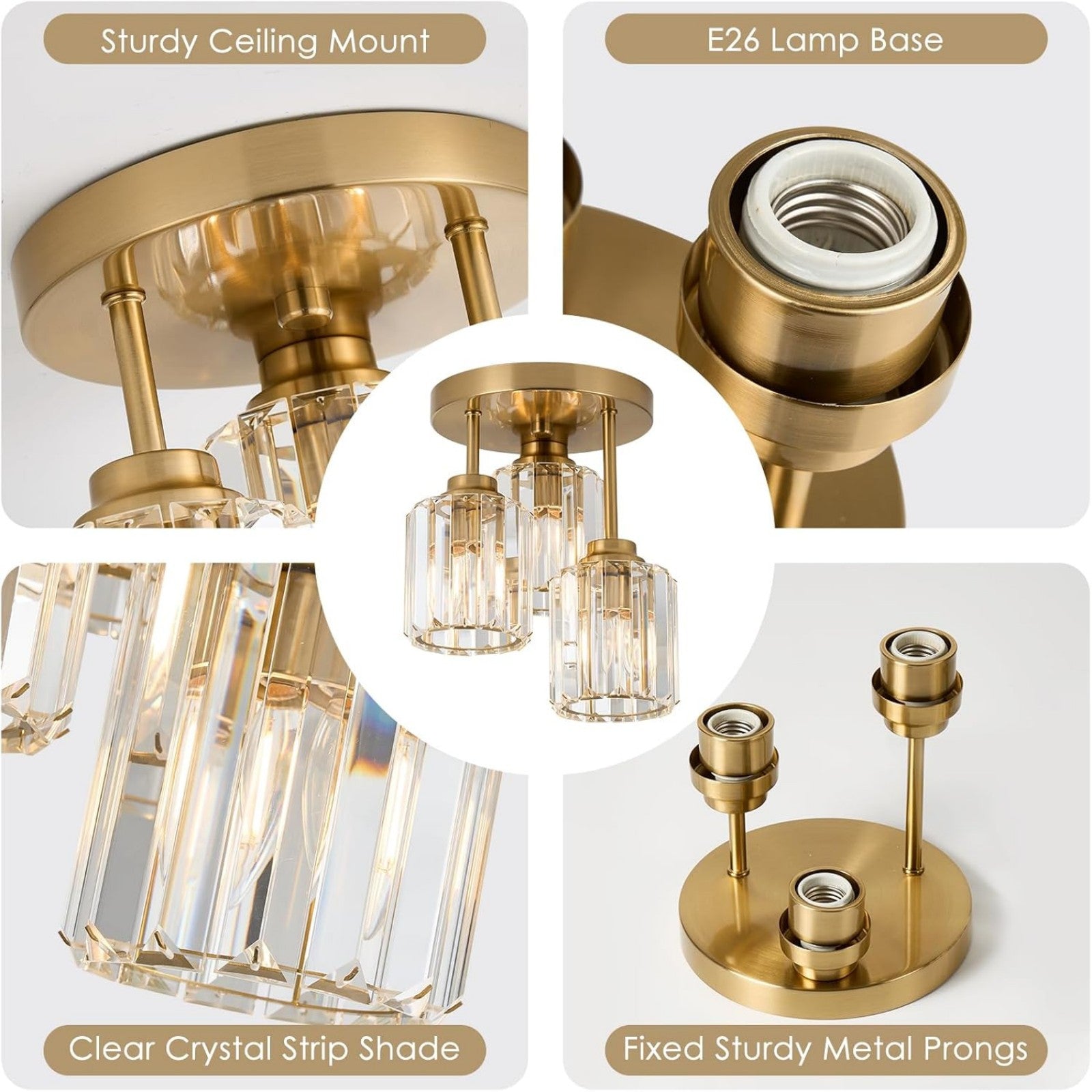 Modern Semi-Flush Mount Ceiling Light, Crystal 3-Head Kitchen Light, Hallway Pendant Light, Indoor Flush Mount Light, Suitable for Bedroom, Foyer, Entryway, Kitchen