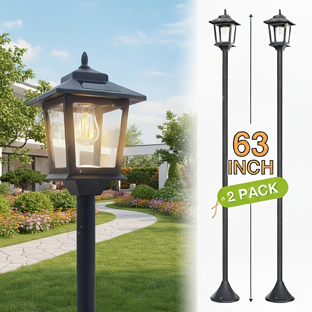 63" Solar Lamp Post 2 Pack, Glass Solar Post Lamp, Auto On/Off 3000K 20LM Warm White Light, Outdoor Waterproof Light, Outdoor Pole Light, Courtyard Floor Lamp, Warm White Light
