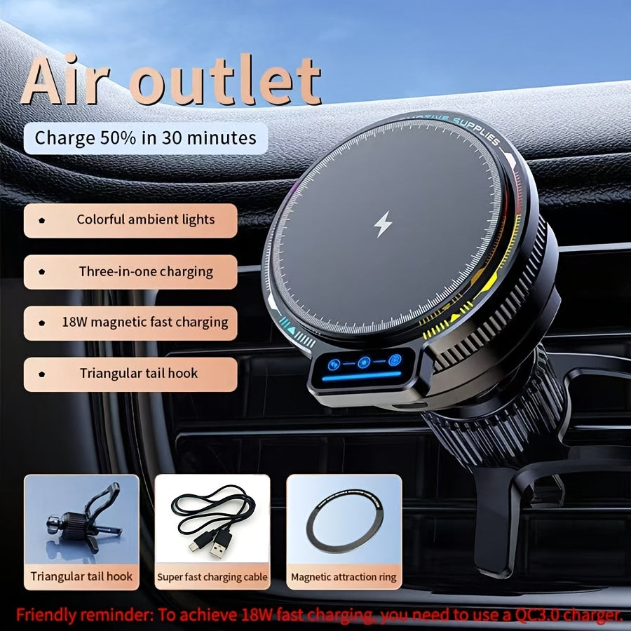 A Brand New Car Charger That Doesn'T Heat Up Easily, Featuring an 18W Magnetic Wireless Charging Car Mount with a Magnetic Plate. It Supports Charging for Apple Watch And Airpods, Has Multiple Uses