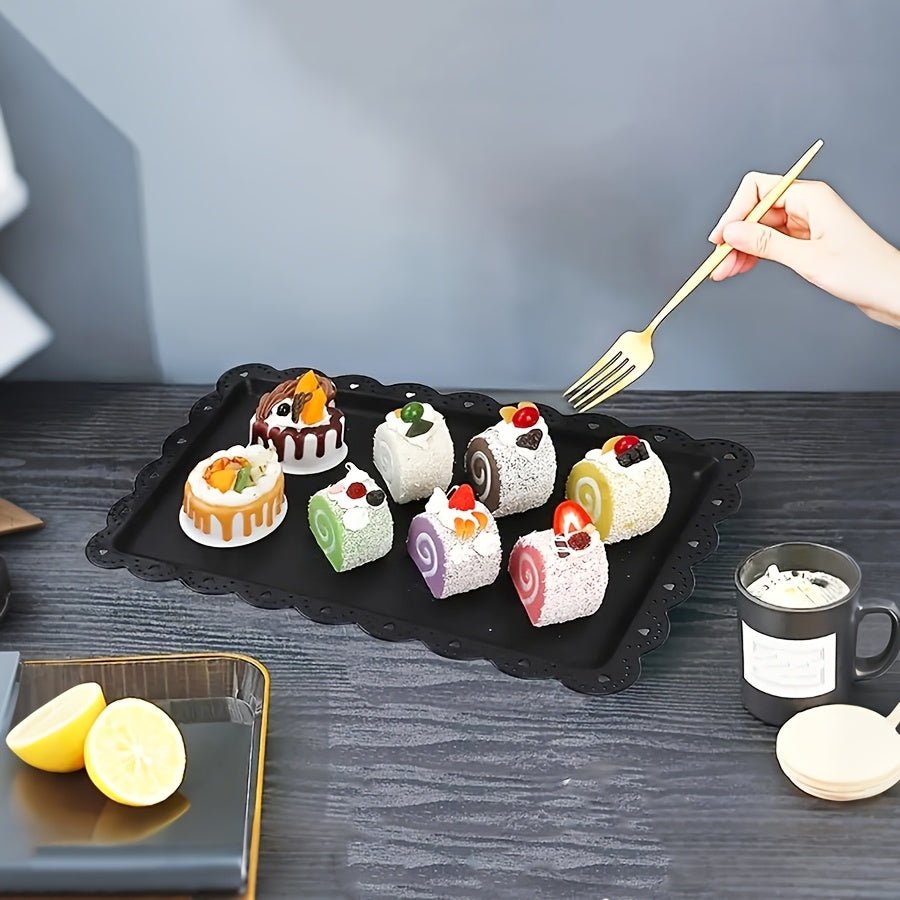 3/4/5-Piece Set Plastic Food Tray with Lace Edge, Rectangular Food Tray – Perfect for Outdoor Camping, Party Buffets, Kitchen, Dining Room – Small Flat Tray for Desserts, Fruit, Cookies, Snacks (White, Black)