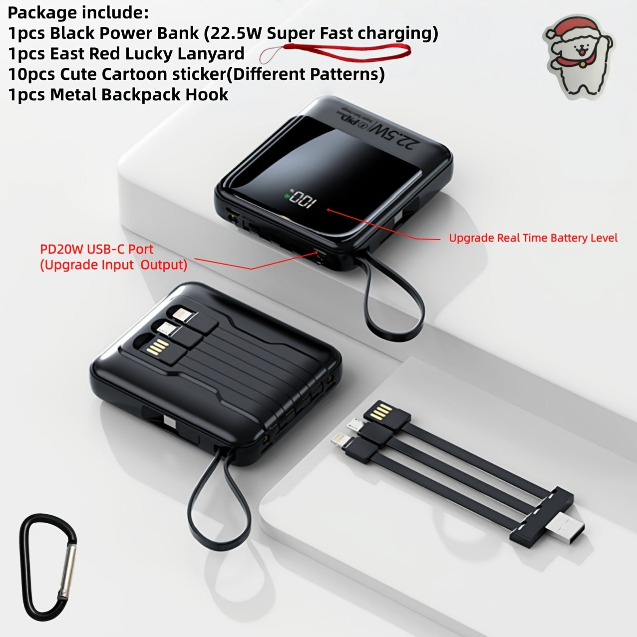 「10000mAh 大容量小尺寸，超大功率！這款迷你行動電源內建四合一多功能充電線，支援 5W/15W/22.5W 超級快充，非常適合旅行商務時使用，隨時保持您的裝置電量充足。」