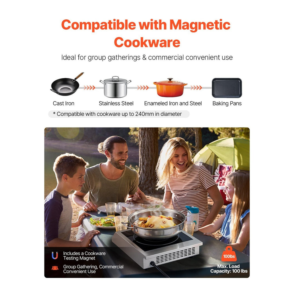 Portable Commercial Induction Cooktop, 1800W Countertop Stove, 9 Power Levels