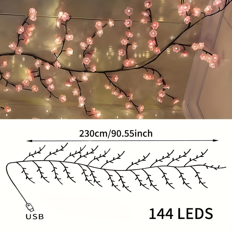 1件 72LEDS/96LEDS/144LEDS樱花藤条灯，发光的樱花树枝灯，可弯曲的樱花藤蔓灯，LED树枝灯，8种闪烁模式，USB供电，DIY，室内氛围装饰灯，适用于卧室，客厅，墙壁，派对，节日，婚礼等氛围装饰，室内灯串，节日装饰灯