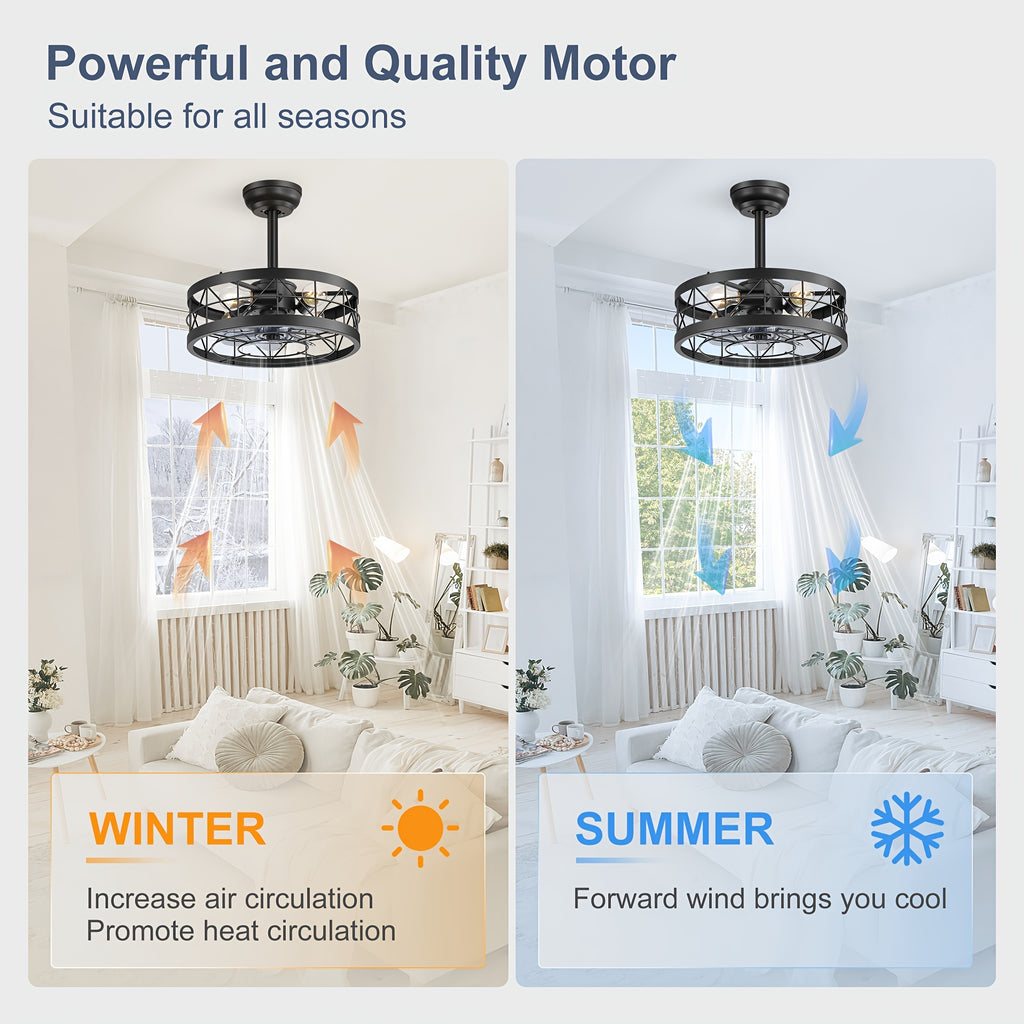 Caged Ceiling Fan with Light, 16.5In Farmhouse Enclosed Ceiling Fan, Remote Control, 6Speed, Black Industrial Ceiling Fan Light, Rural Farmhouse Ceiling Fan Light, for Indoor Bedroom Kitchen Dining Room