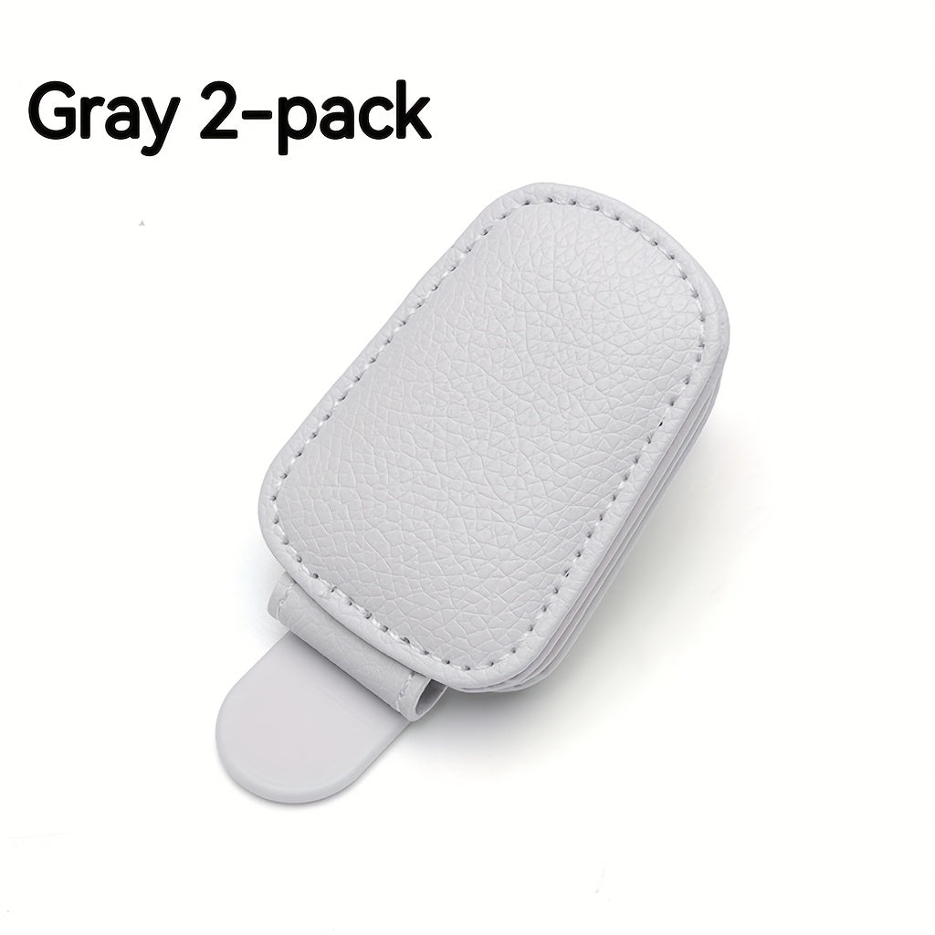 2-Piece Magnetic PU Leather Car Sun Visor Glasses Holder with Card Slot – One-Hand Operation Design, Driver Side Interior Accessory, Gray & Black, Simple Snap Closure, One-Click Grip