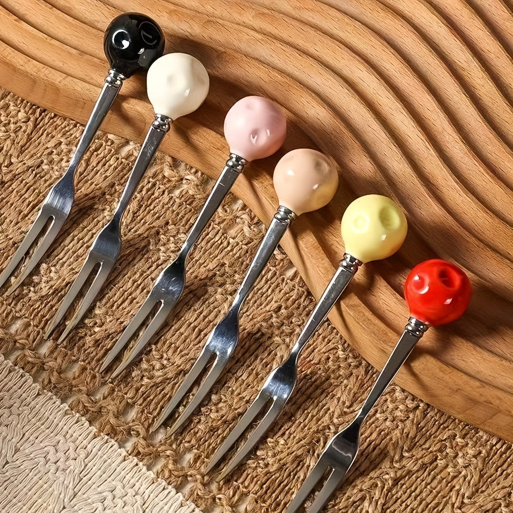 1 Set of 7 Pieces – 6 Forks & 1 Base, Ceramic Mushroom-Shaped Dessert Fruit Cake Fork Set, with 304 Stainless Steel Forks – Suitable for Fruit & Dessert, Party & Gathering Home Décor, Christmas Gift Party Decoration