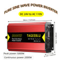 纯正波，房车逆变器，12V或24V DC to 110V AC，5000W峰值，配备电缆，离网，房车，旅行拖车、大部分重型电器适用，咖啡机，微波炉，安静