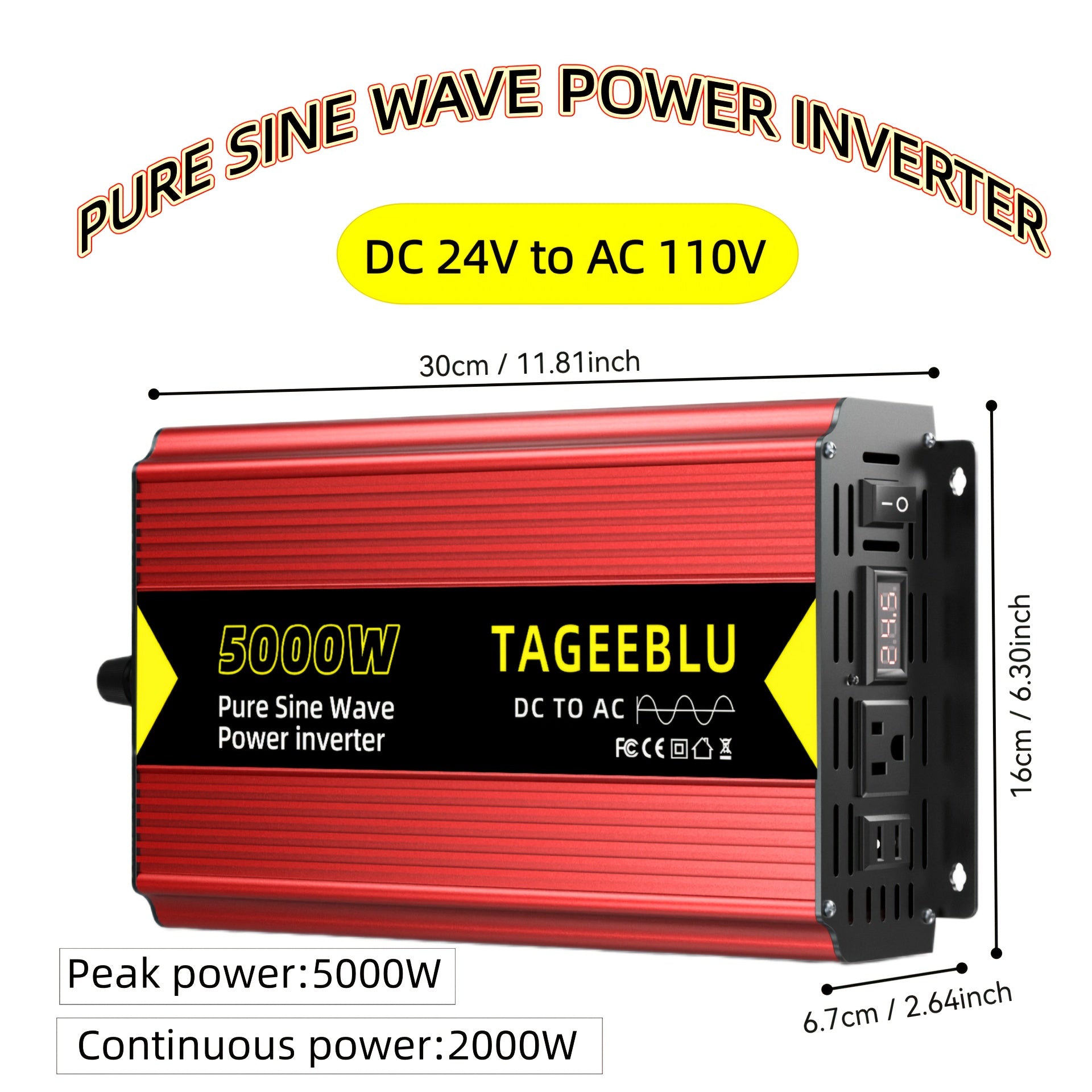 纯正波，房车逆变器，12V或24V DC to 110V AC，5000W峰值，配备电缆，离网，房车，旅行拖车、大部分重型电器适用，咖啡机，微波炉，安静