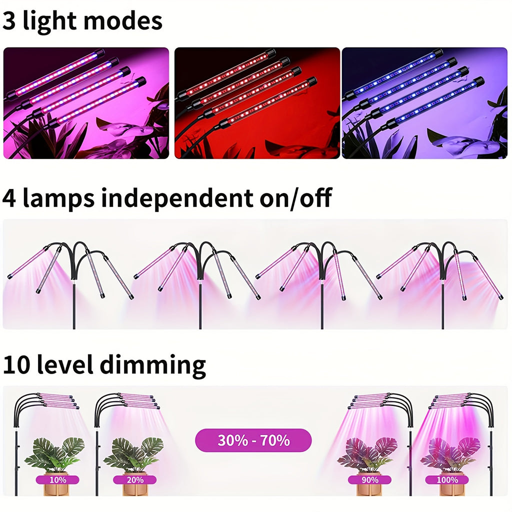4-Head LED Plant Grow Light, Full Spectrum 3 Modes Adjustable Support Indoor Grow Lamp Home Commercial Large Coverage for Plant Night Growth