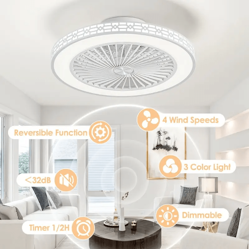 Modern Ceiling Fan with Light, 20" Low Profile Flush Mount, Dimmable LED Timed Enclosed Fan Light, 6 Speeds with Remote, for Bedroom, Living Room, Kitchen, Office