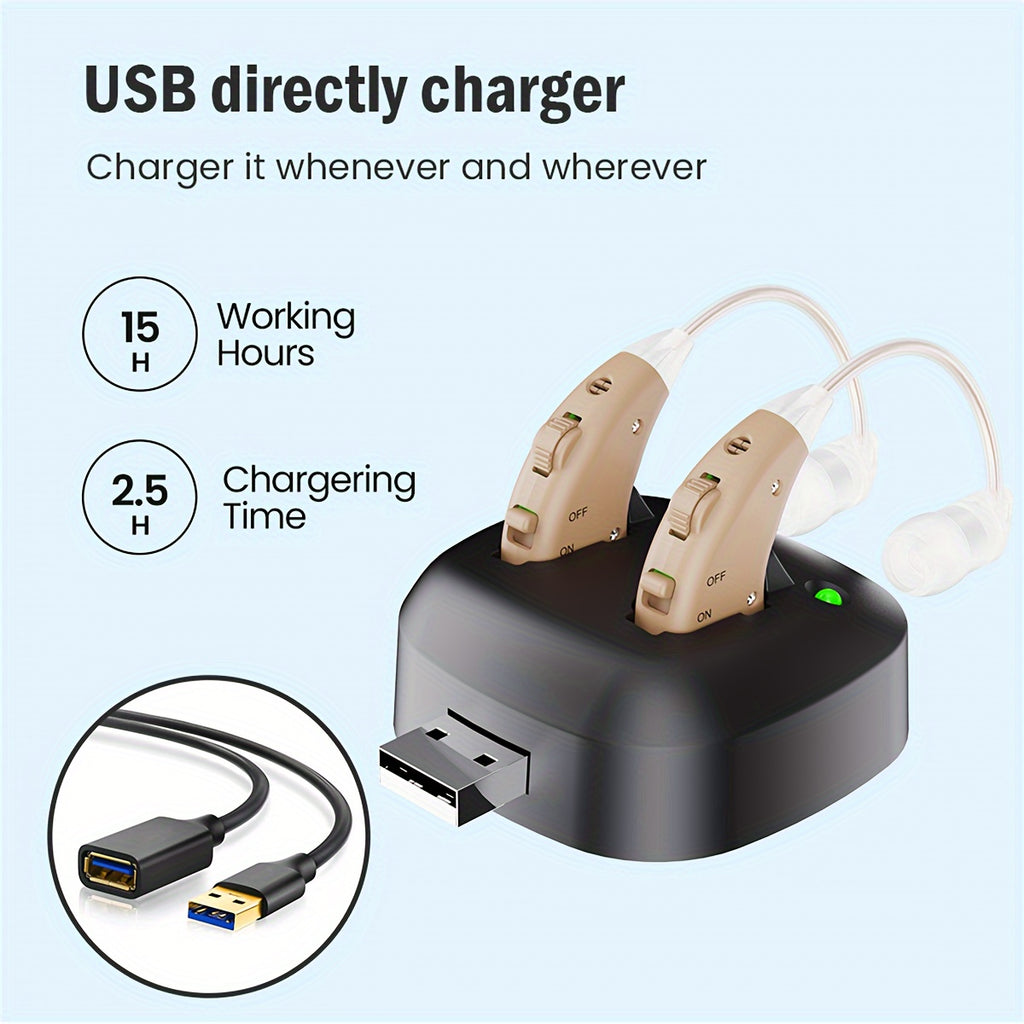 老年人真聽力器（非放大器）可充電聽力損失專業人員帶充電碼頭（米色）